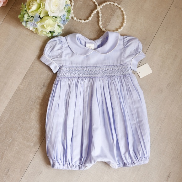 RARE Strasburg Romper Lavender Cotton Smocked Embroidery Bubble PERFECT NWOT
